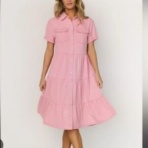 Baltic Born Pink Midi Dress Denim Pink Pearl Snap Buttons